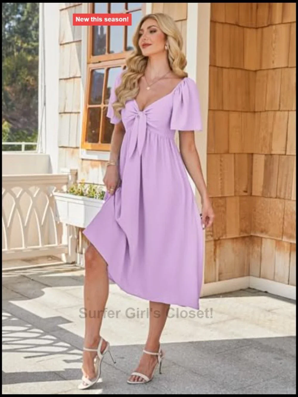 Casual V Neck Bow Tie Smocked High Waist A-Line Flowy Midi Dress with Pockets